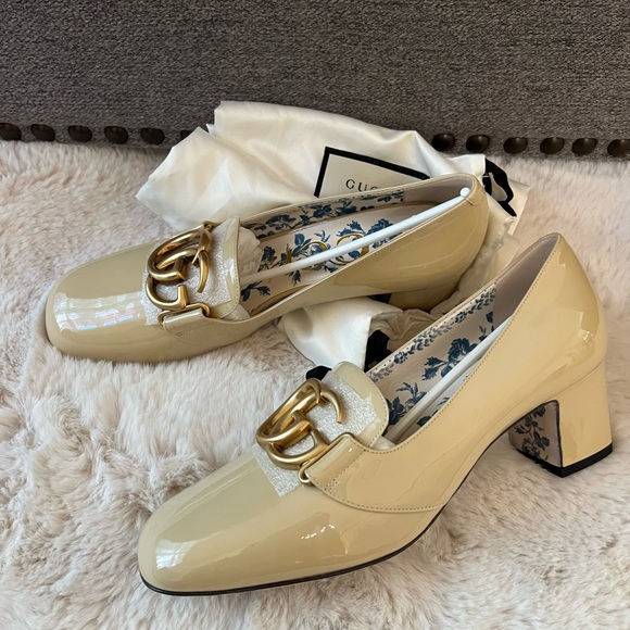 New Gucci marmont GG Victoire Vernice 55mm Loafer Pumps 39 Sand Storm - Picture 5 of 11